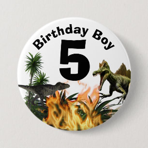 Dinosaur birthday boy age t-rex flames palm button