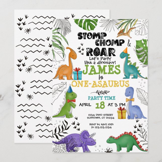 Dinosaur Birthday Boy Girl watercolor colorful  Invitation (Front/Back)