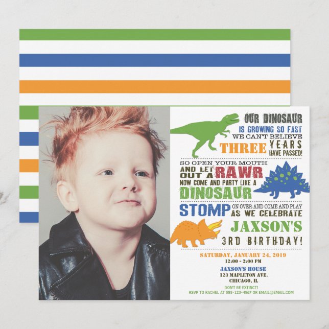 Dinosaur birthday boy green blue orange photo invitation (Front/Back)