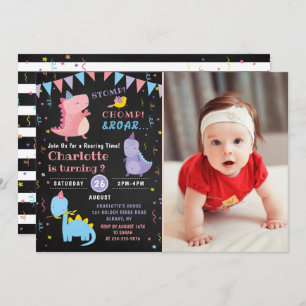 Dinosaur Birthday Chalkboard Pink Dino Party Photo Invitation