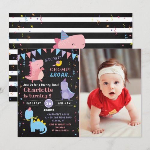 Dinosaur Birthday Chalkboard Pink Dino Party Photo Invitation