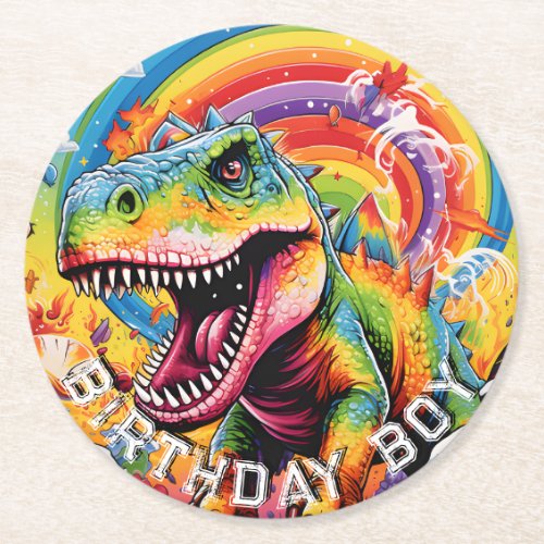 dinosaur birthday colorful cute round paper coaster