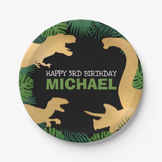 Dinosaur Birthday Dino Trex Prehistoric Gold Kids Paper Plates (Front)