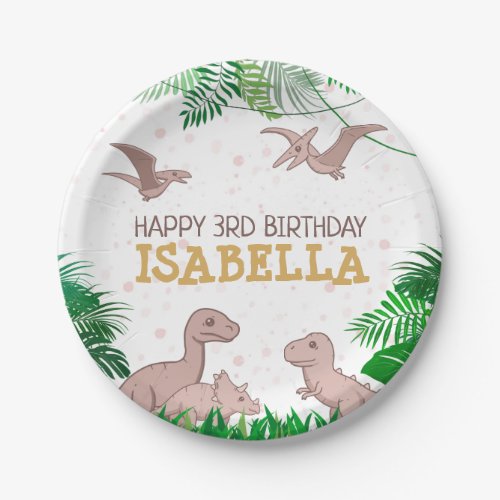 Dinosaur Birthday Dino Trex Prehistoric Pink Girl Paper Plates
