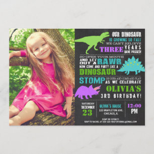Dinosaur birthday girl chalkboard photo invitation