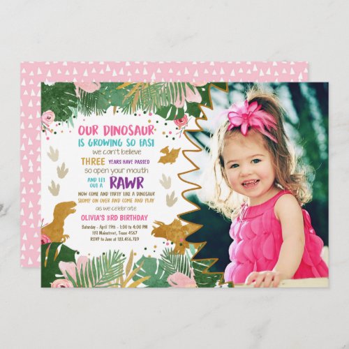 Dinosaur Birthday Girl Gold Pink Leave Dino Invite