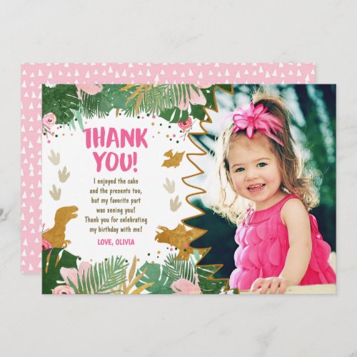 Dinosaur Birthday Girl Gold Pink Leave Thank You Invitation