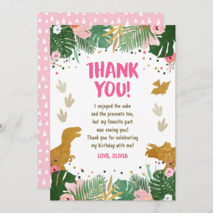 Dinosaur Birthday Girl Gold Pink Leave Thank You Invitation
