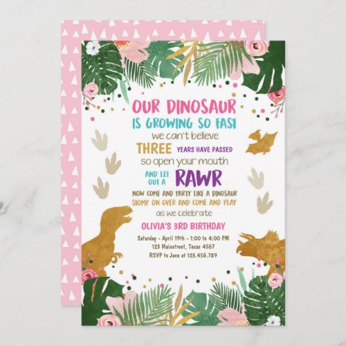 Dinosaur Birthday Girl Gold Pink Leaves Party Dino Invitation