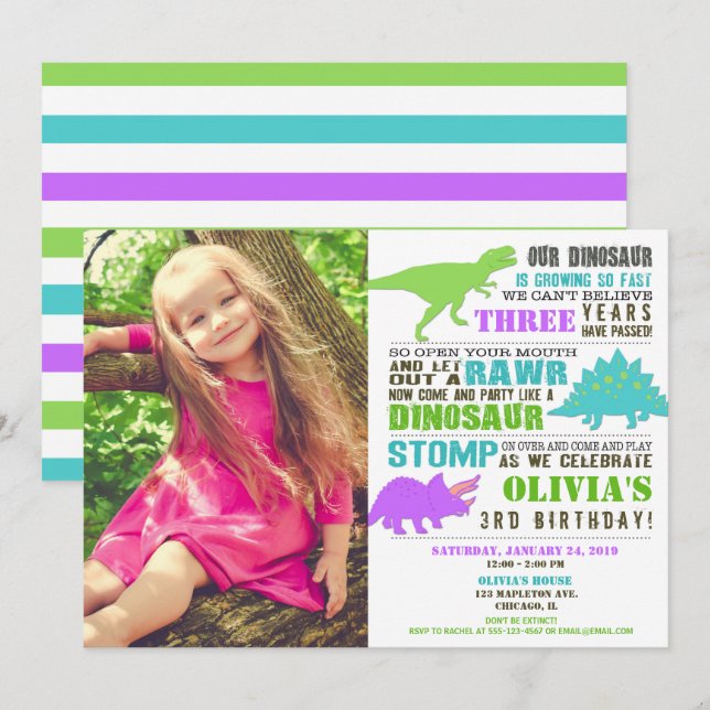 Dinosaur birthday girl purple green teal photo invitation (Front/Back)