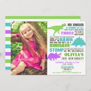 Dinosaur birthday girl purple green teal photo invitation