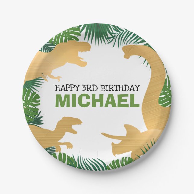 Dinosaur Birthday Gold Dino Trex Boy Kids Paper Plates (Front)