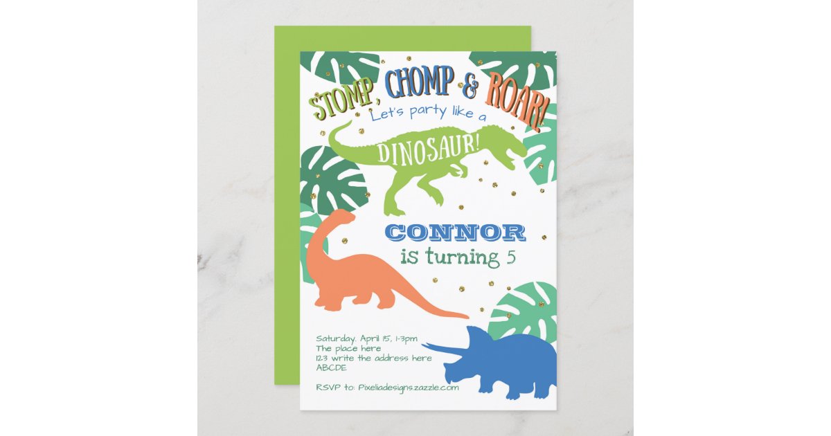 Dinosaur Birthday, Green, Blue, Boy Birthday Invitation | Zazzle