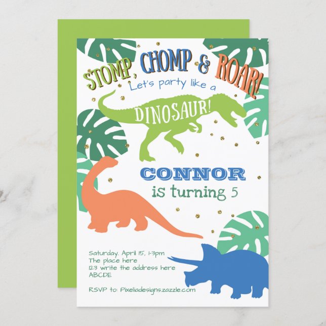 Dinosaur Birthday, Green, Blue, Boy Birthday Invitation (Front/Back)