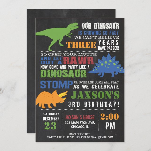 Dinosaur birthday invitation boy chalkboard rawr (Front/Back)
