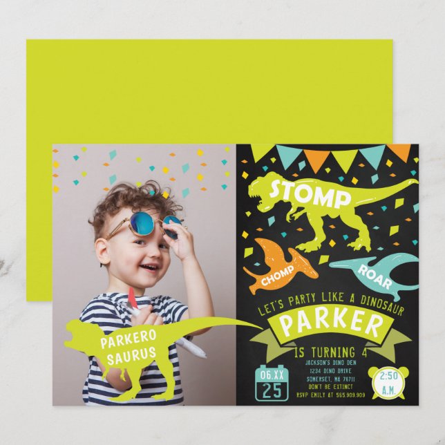 Dinosaur Birthday Invitation Chalkboard Photo (Front/Back)