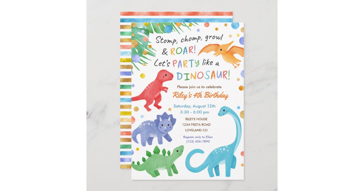 Dinosaur Birthday Invitation Colorful Cute | Zazzle.com