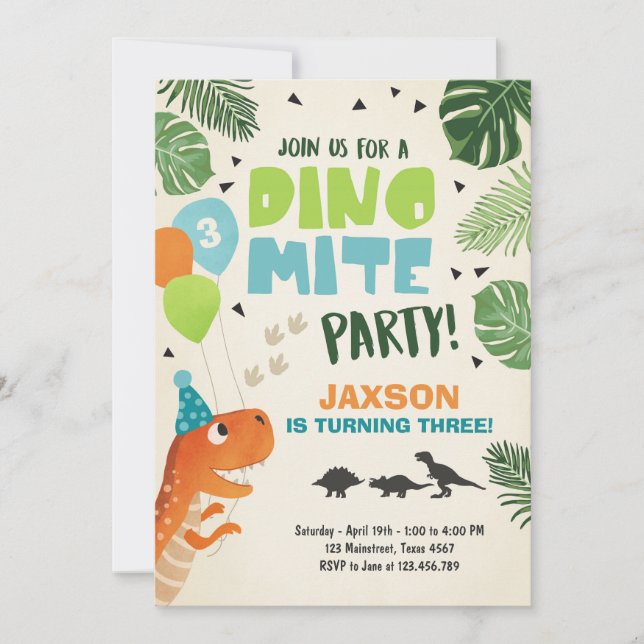Dinosaur birthday invitation Dino mite T-Rex party (Front)