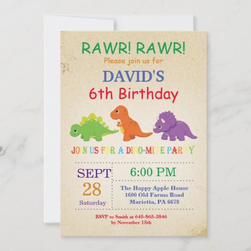 Dinosaur Birthday Invitation Dino Party