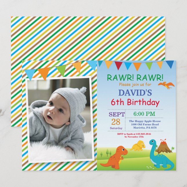 Dinosaur Birthday Invitation Dino Party (Front/Back)