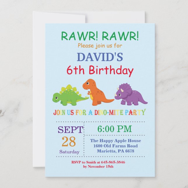 Dinosaur Birthday Invitation Dino Party (Front)