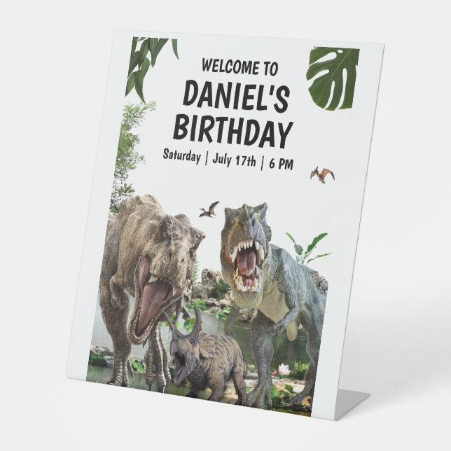 Dinosaur birthday invitation Dino T-Rex birthday Pedestal Sign (Front)