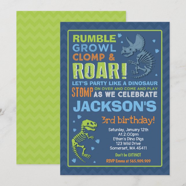 Dinosaur Birthday Invitation Dinosaur Fossil Party (Front/Back)