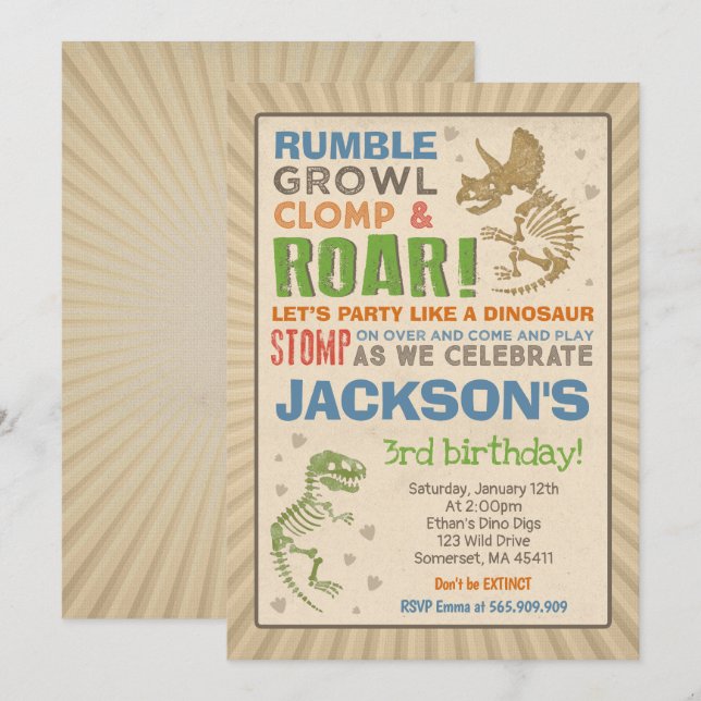 Dinosaur Birthday Invitation Dinosaur Fossil Party (Front/Back)