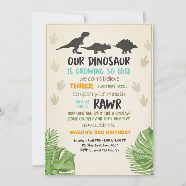 Dinosaur birthday invitation Dinosaur Party Invite (Front)
