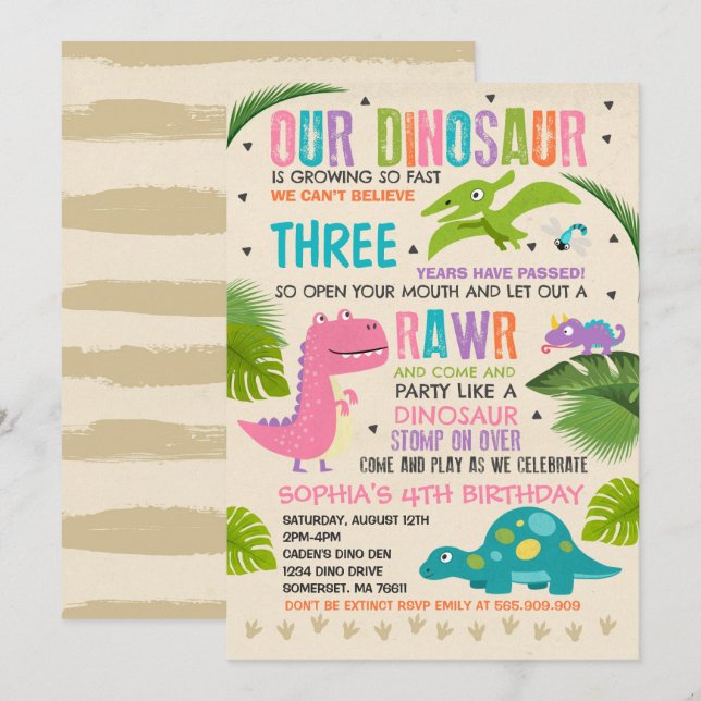 Dinosaur Birthday Invitation Dinosaur T-Rex Party (Front/Back)