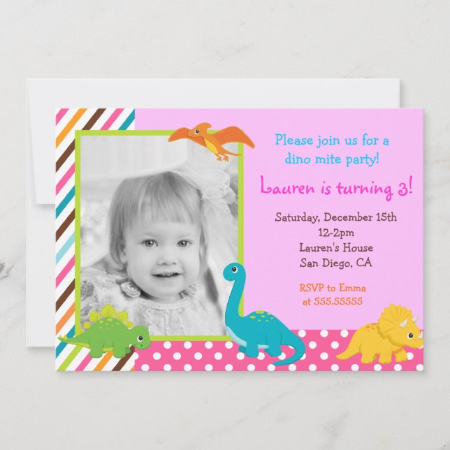 Dinosaur Birthday Invitation for girl (Front)