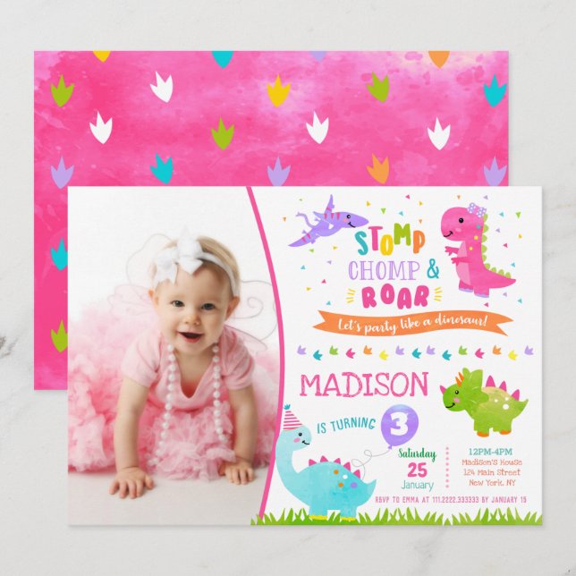 Dinosaur Birthday Invitation for girl (Front/Back)