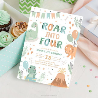 Dinosaur Birthday Invitation Four. Cute Baby Dino