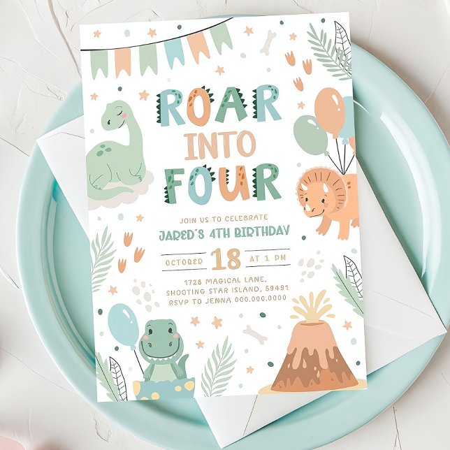 Dinosaur Birthday Invitation Four Cute Baby Dino 4 (Creator Uploaded)