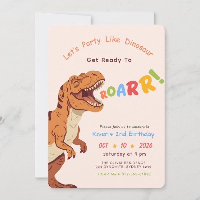 Dinosaur Birthday Invitation, Get Ready to Roar Invitation (Front)