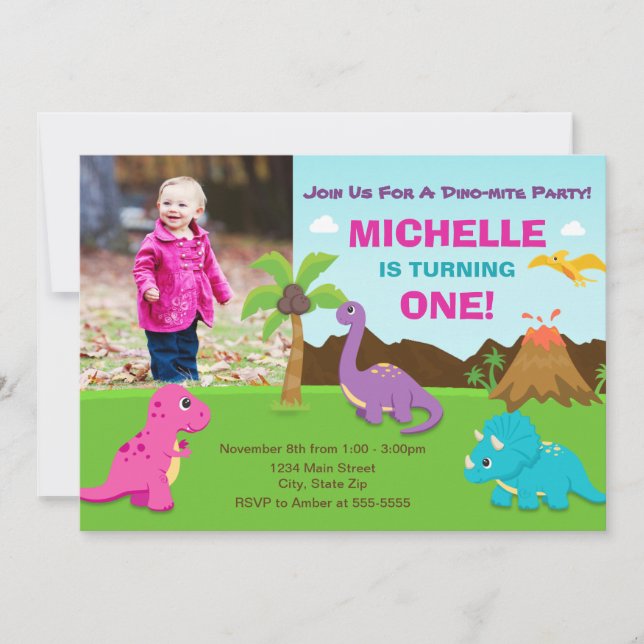 Dinosaur Birthday Invitation Girl, 1st Birthday (Front)
