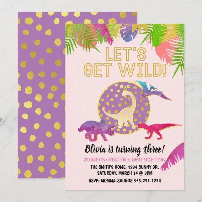 Dinosaur Birthday Invitation Girl Birthday Purple (Front/Back)