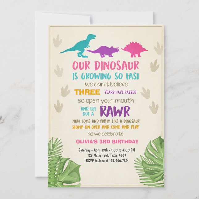 Dinosaur birthday invitation Girl Dinosaur Party (Front)