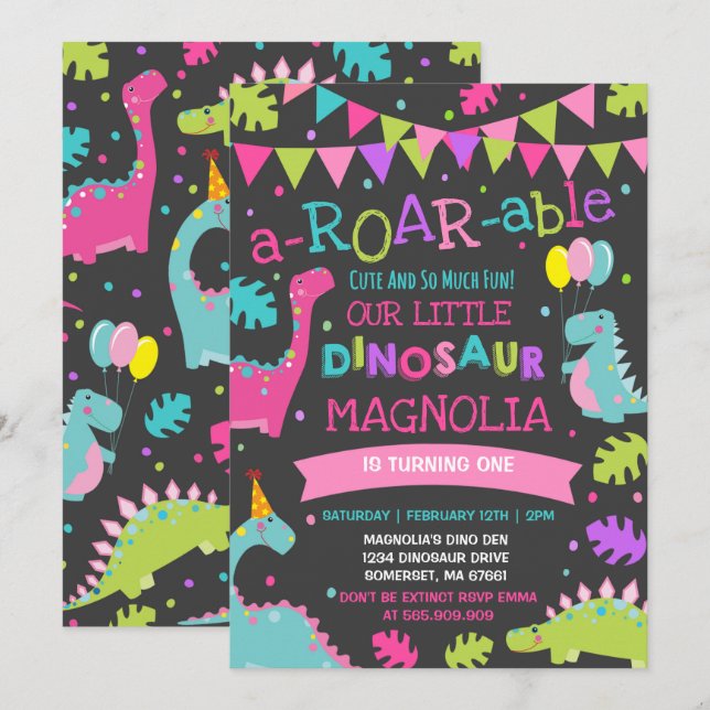 Dinosaur Birthday Invitation Girl Dinosaur Party (Front/Back)