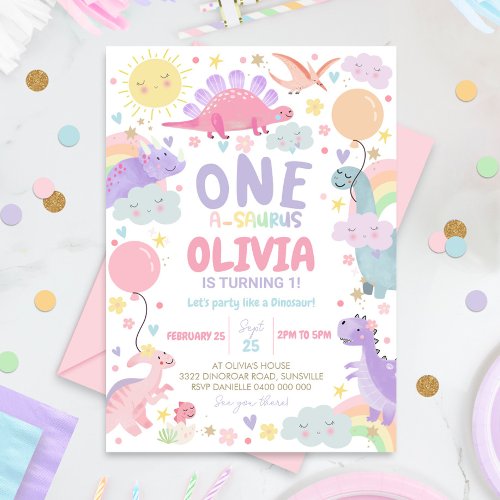 DINOSAUR BIRTHDAY Invitation Girl One_a_saurus