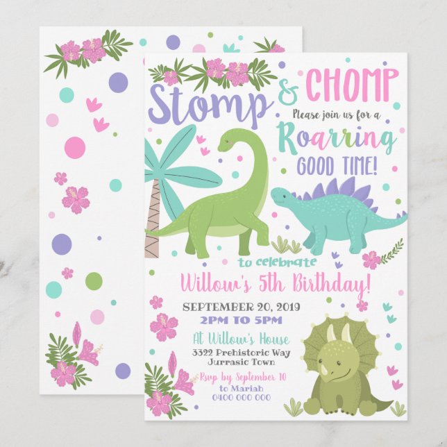 Dinosaur Birthday Invitation Girl Pink Dinosaur (Front/Back)