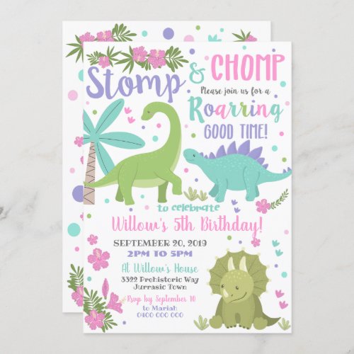 Dinosaur Birthday Invitation Girl Pink Dinosaur