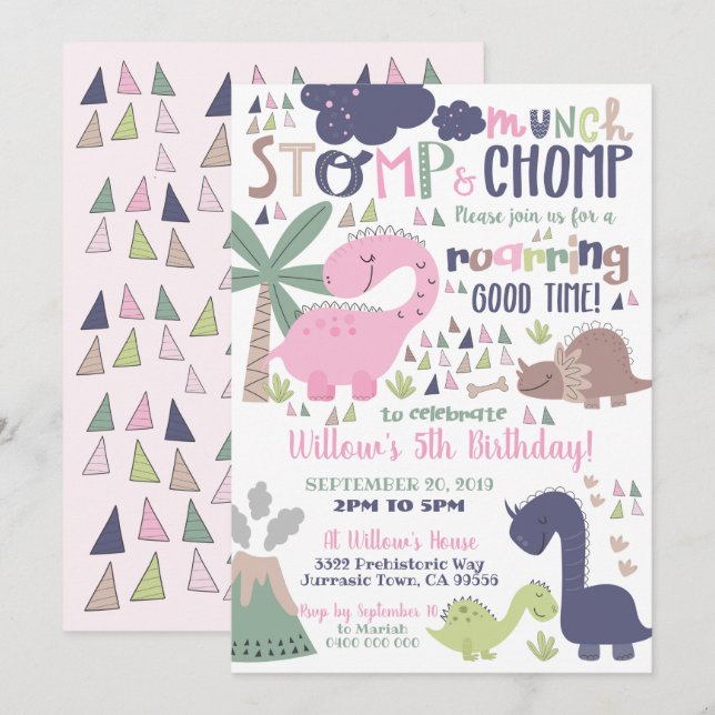 Dinosaur Birthday Invitation Girl Pink Dinosaur (Front/Back)