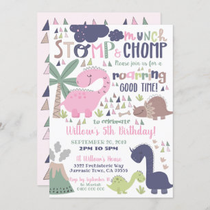 Dinosaur Birthday Invitation Girl Pink Dinosaur
