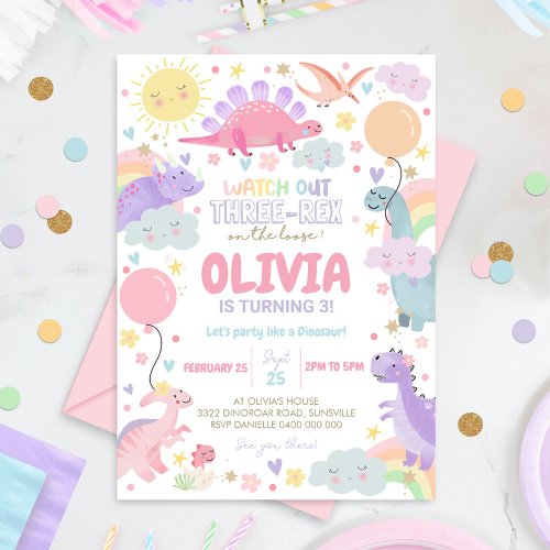 DINOSAUR BIRTHDAY Invitation Girl Three Rex