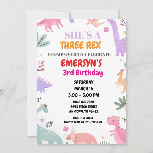 Dinosaur Birthday Invitation Girls Cute Three-Rex  (Front)