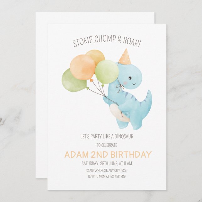 Dinosaur Birthday Invitation, Minimalist t rex  Invitation (Front/Back)