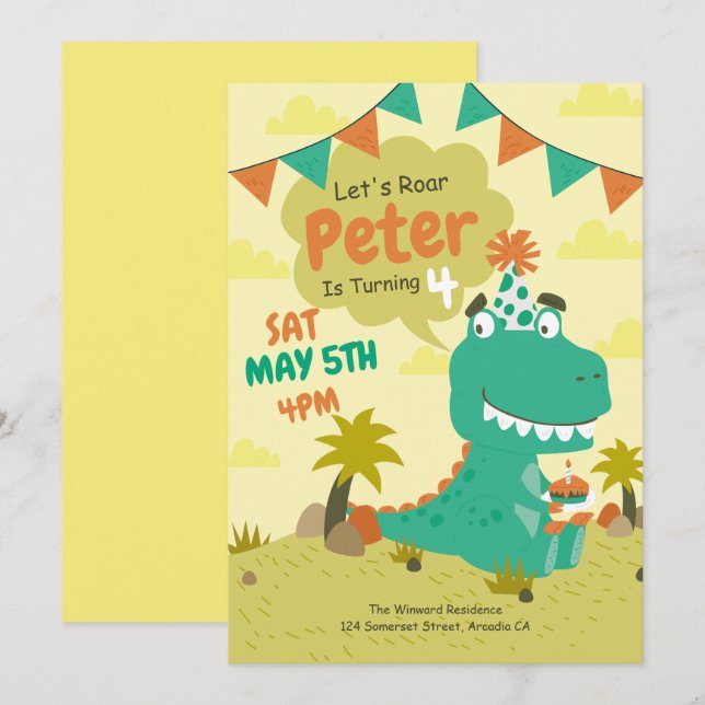 Dinosaur Birthday Invitation, Modern Dinosaur Boy  Invitation (Front/Back)