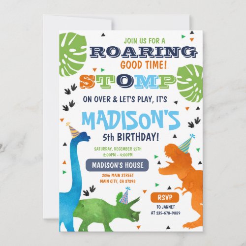 Dinosaur birthday invitation roar stomp on over