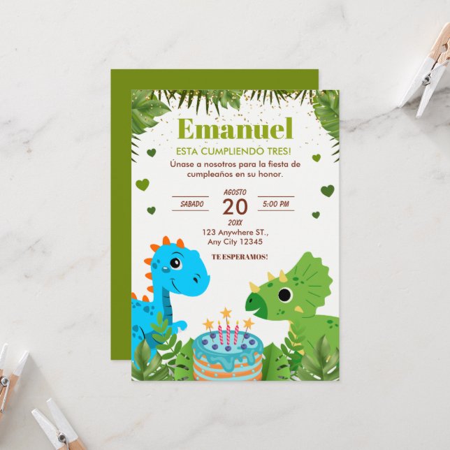 Dinosaur Birthday Invitation, Spanish Invitation (Front/Back In Situ)